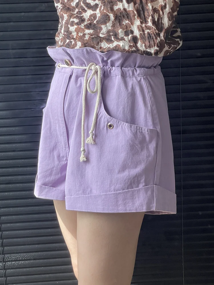 High Waist Cotton Shorts Big Pockets Solid Color Front Buttoning with Drawstring Basic Shorts Purple Black Summer Woman Clothing