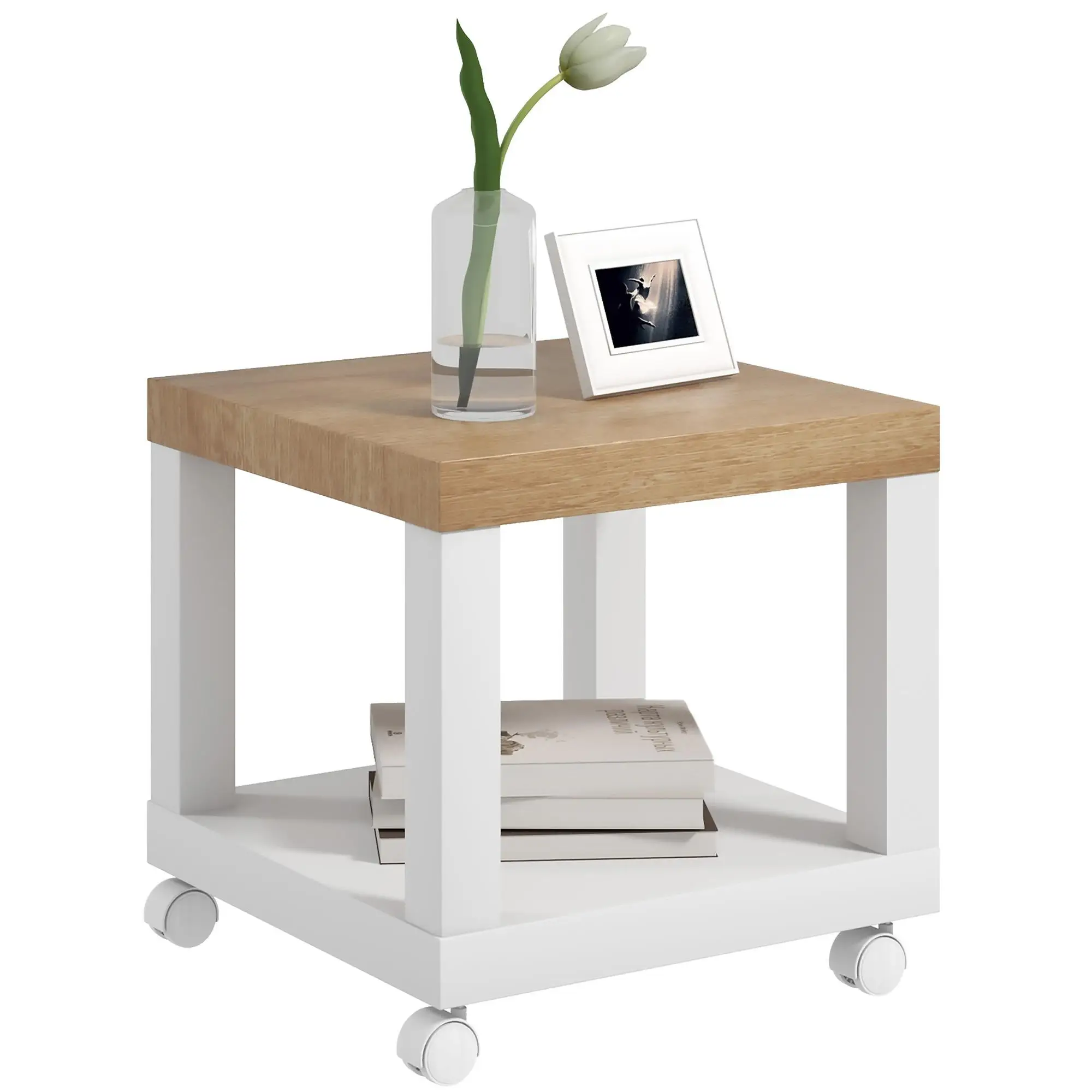 Table d'appoint à roulettes 40x40x40 cm, étagère en bois, chariot d'appoint pour canapé, salon, chambre à coucher, Blanc Naturel
