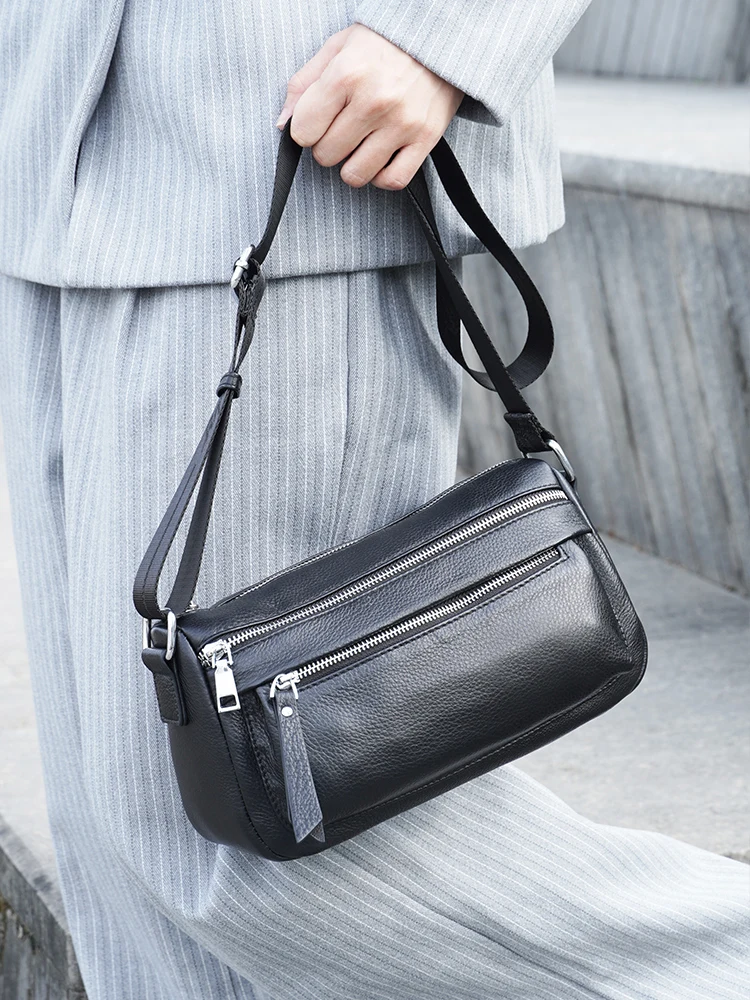 Zency Women Leather Handbag Cowhide Wide Strap Shoulder Bag Silver Zipper Crossbody Bag Satchel Many Pockets Messenger Bags New