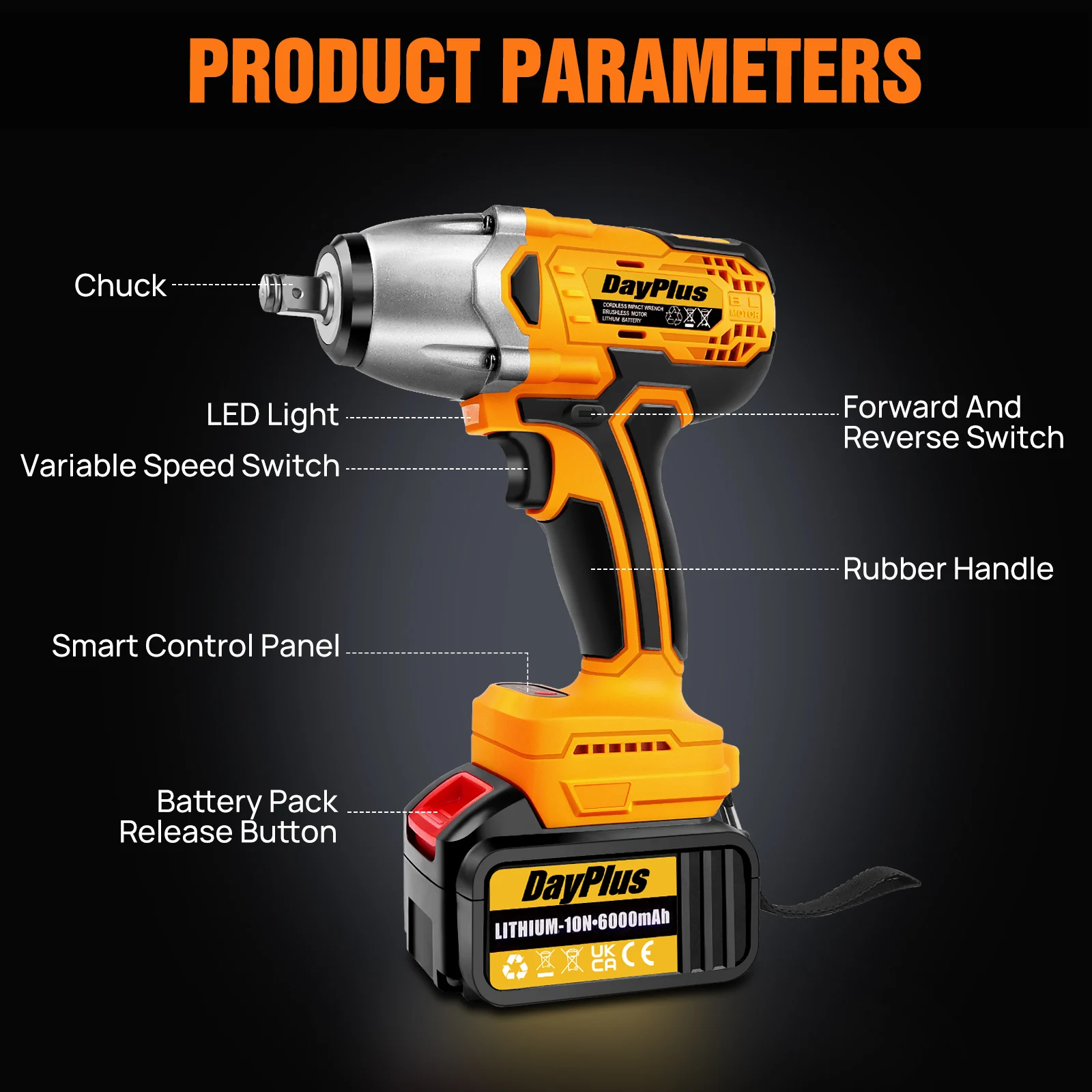 DayPlus 1500Nm 3 IN 1 Cordless Impact Wrench with Electric Drill Function 1/2 Brushless Impact Gun for Car Tyre Wheel 3 Speed