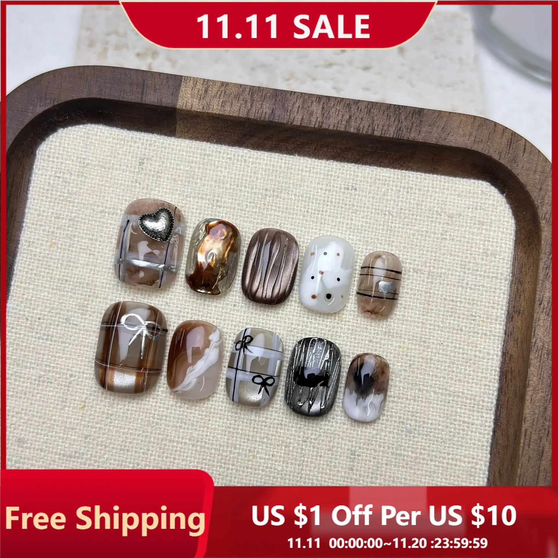 

10pcs Handmade Press on Nails Autumn/Winter Eggshell Heart Bow Full Coverage Nail for Women&Girl Removable Wearable False Nail