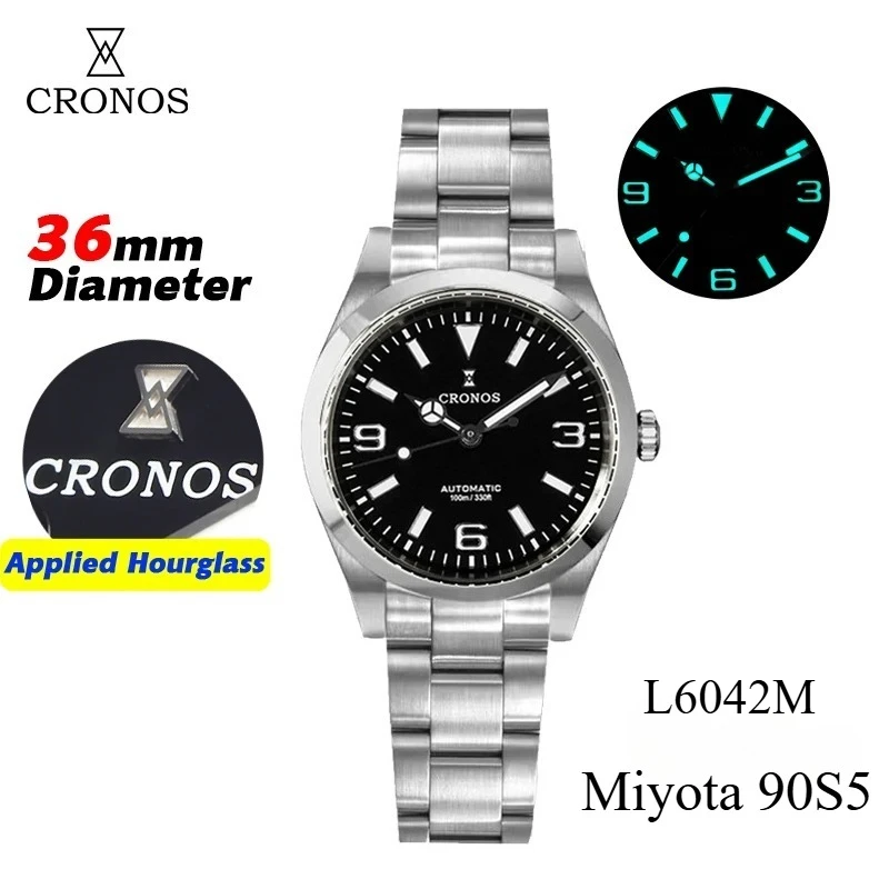 

Cronos 36 мм новые механические мужские часы Miyota 90S5 автоматический браслет с втулкой из сапфирового стекла 10ATM градуированный циферблат L6042M