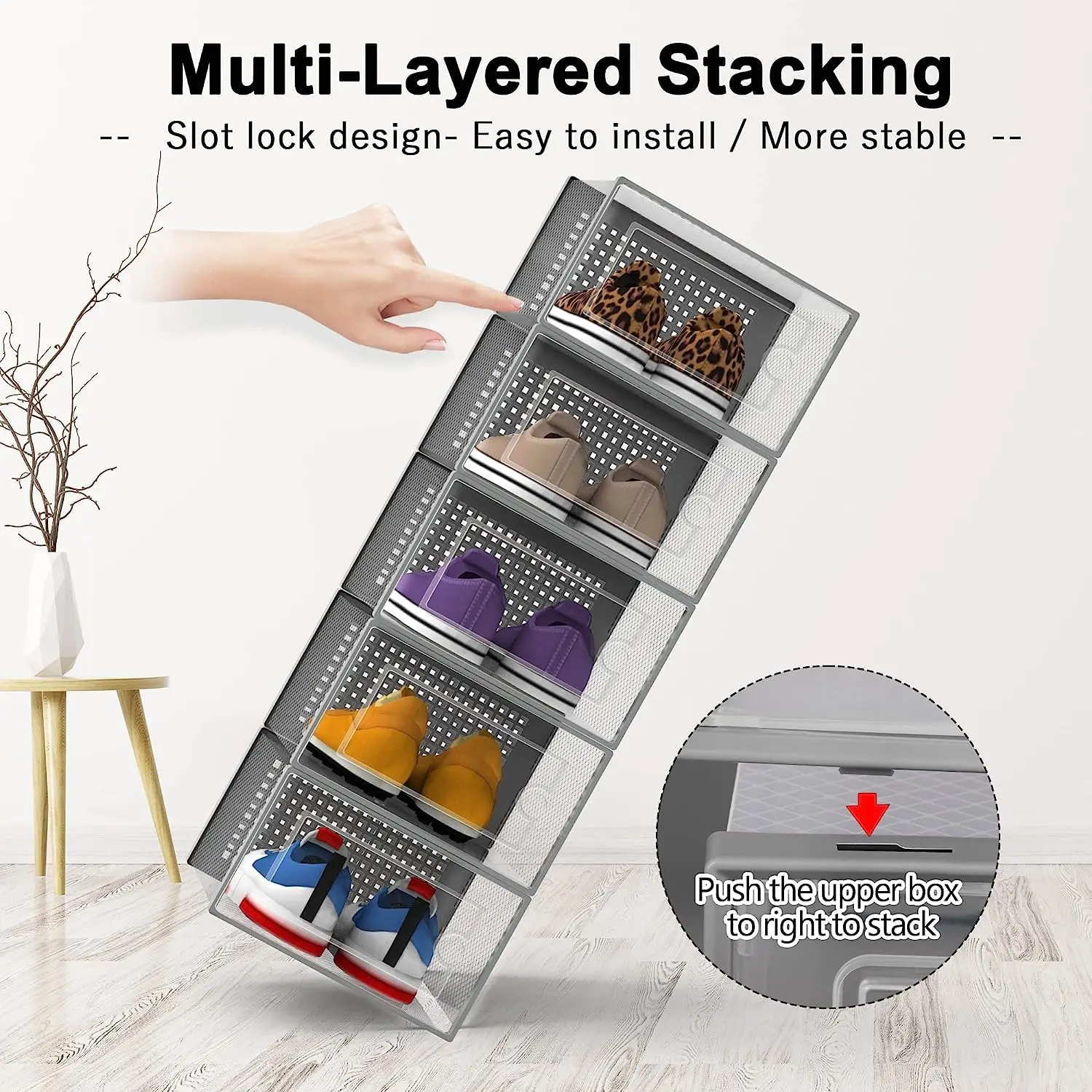 Clear Plastic Stackable Shoe Box 12 Pack, Hard Transparent Organizer Bin, Easy Assembly, Space Saving, Grey Frame, Customized