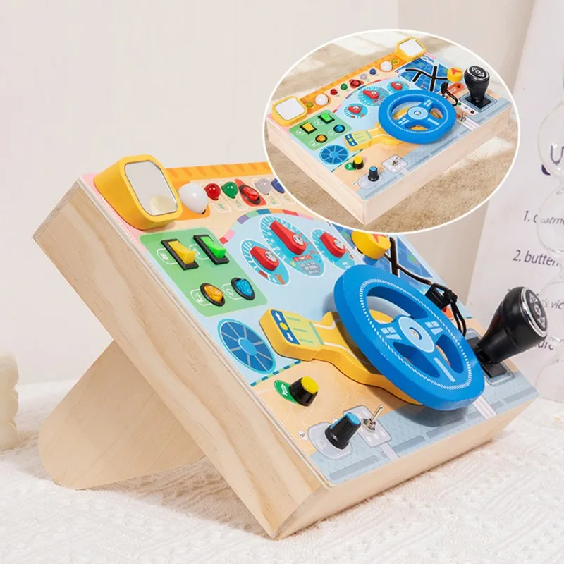 لوحة أنشطة خشبية B24C مع عجلة قيادة بإضاءة LED - محاكي قيادة تعليمي للأطفال