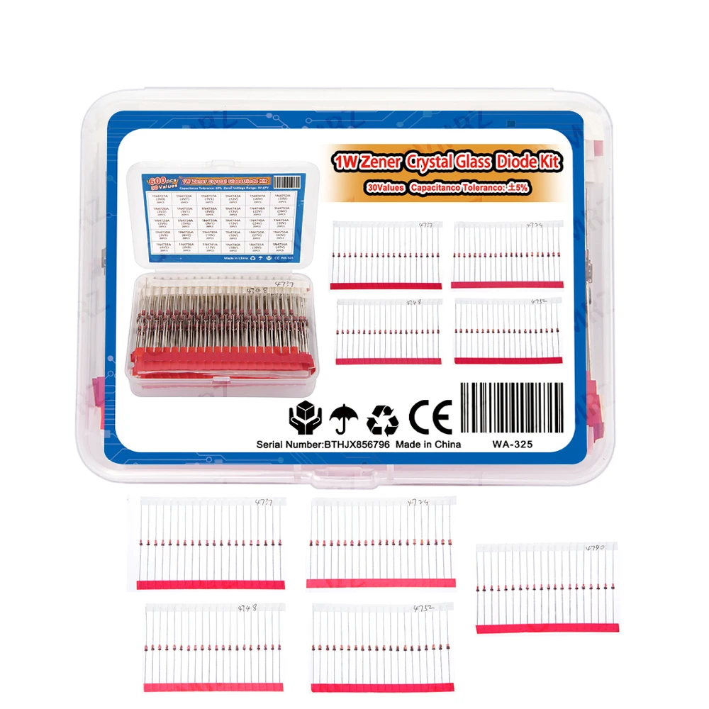 600PCS 4V3 6V8 11V 30Values 27V 1W Zener Diode Kit 3V-47V Box for Electronics Voltage Regulation Projects For Integrated circuit