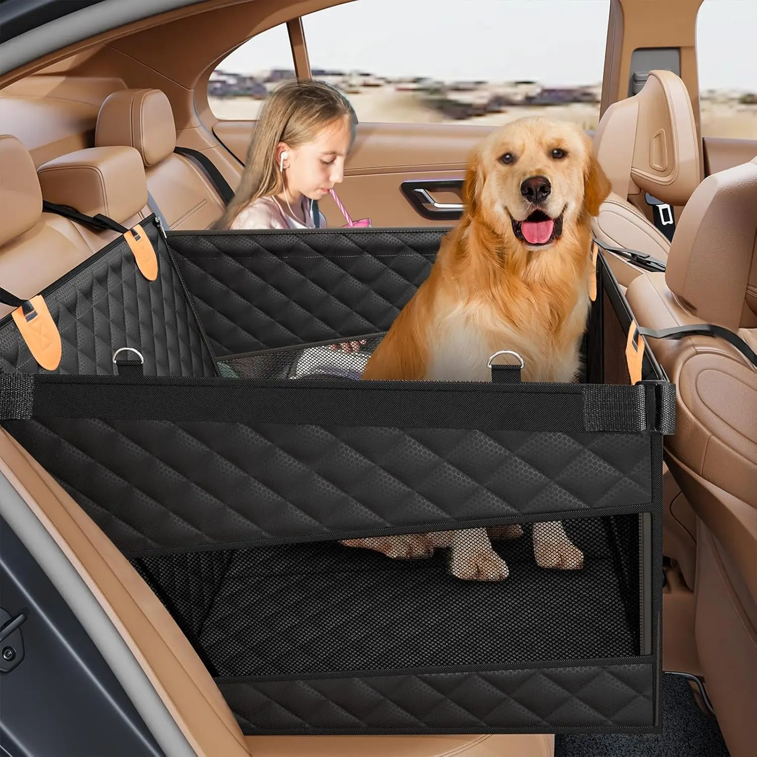 

Large Dog Car Seat with 3 Mesh Windows, Waterproof Pet Seat Cover for Cars and SUVs, Black