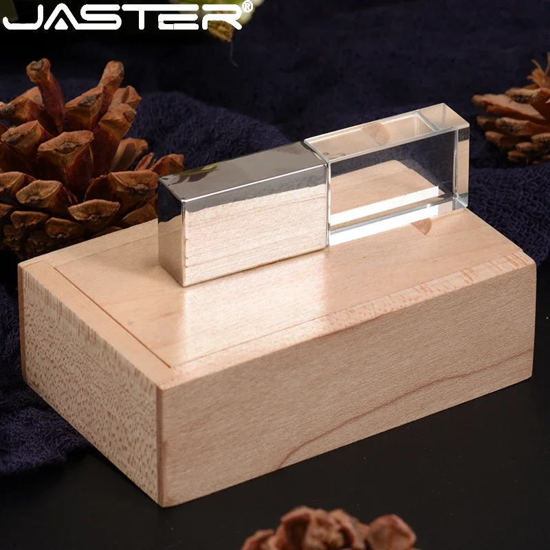 JASTER USB 2.0 Flash Drive with Wooden Box Crystal Pen Drive Memory Stick Creative Wedding Gift Pendrive 128GB 16GB 32GB 64GB