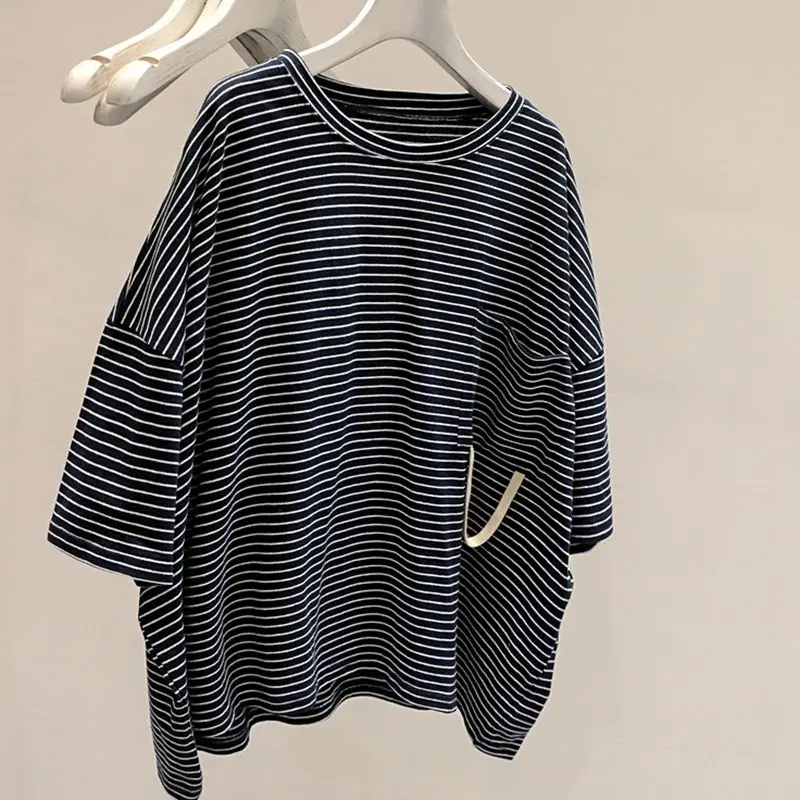 Summer New Striped Plus Size Street Casual Tops Short Sleeve O-neck Loose Youth Fashion T Shirts Vintage Korean Women Clothing