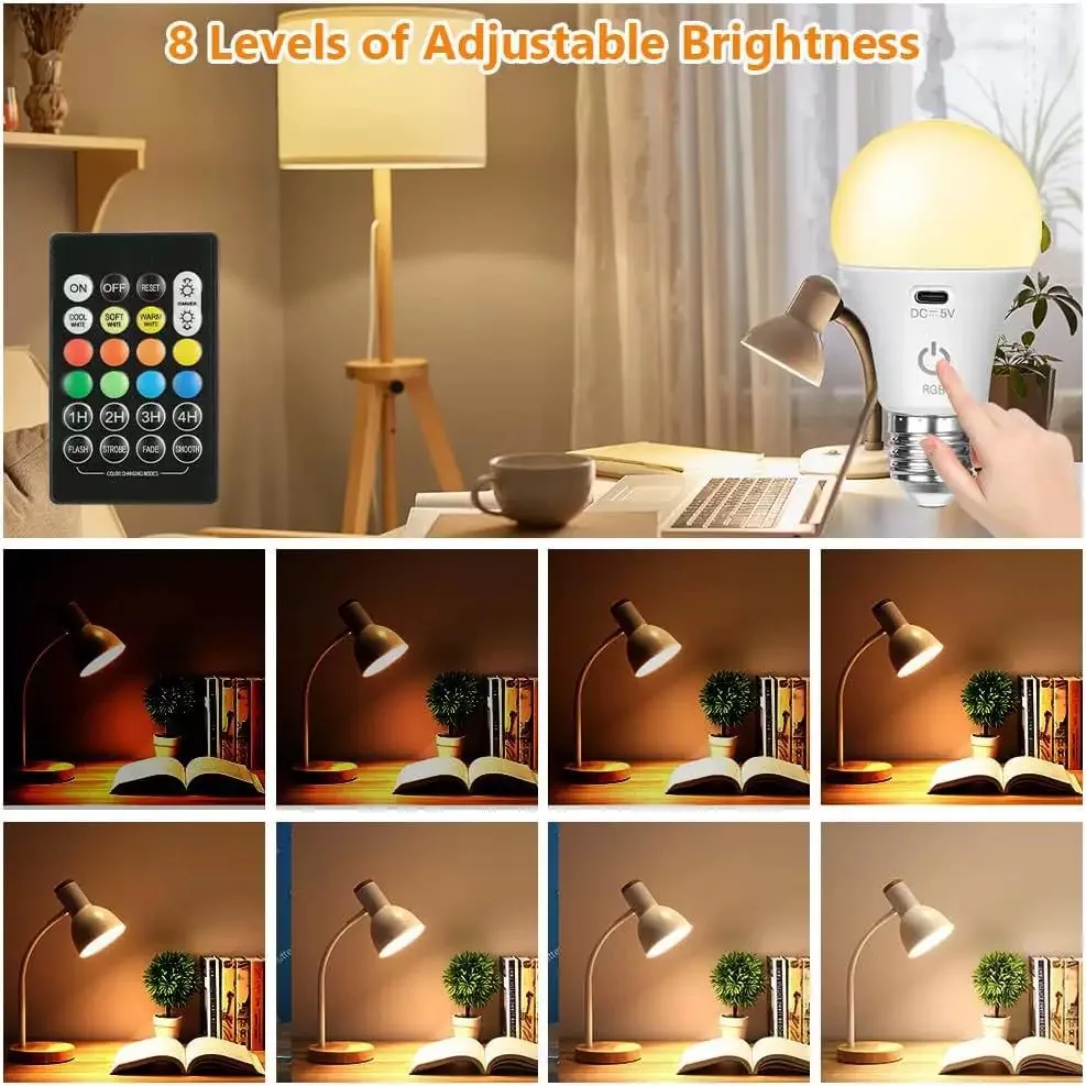 Rechargeable Light Bulb with Remote Control Dim & RGB, Timer, E27 Base,Backup Emergency Light for Home or Outdoor