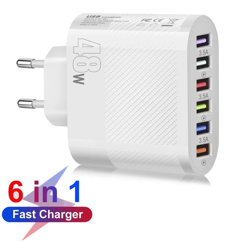 6 Port USB Charger PD 6 In 1 Fast Charging Mobile Phone Charger Adapter For Cellphone QC 3.0 Multi Ports Wall Charger US/EU Plug