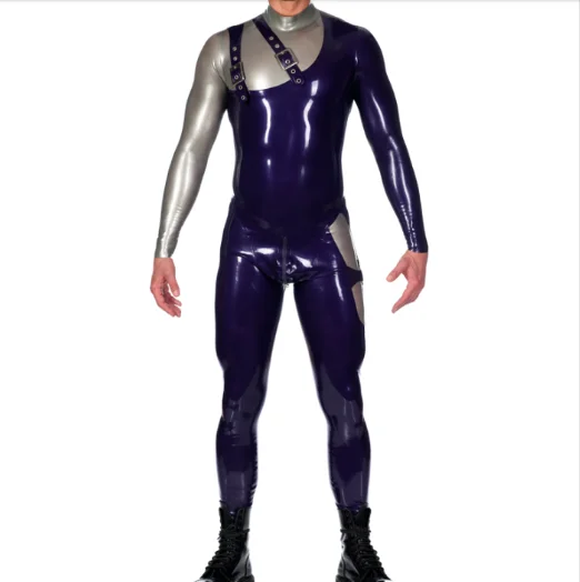 Latex Rubber  Blue black color matching Jumpsuit men's role-playing party racing uniform  hand customized 0.4mm XS-XXL Confort