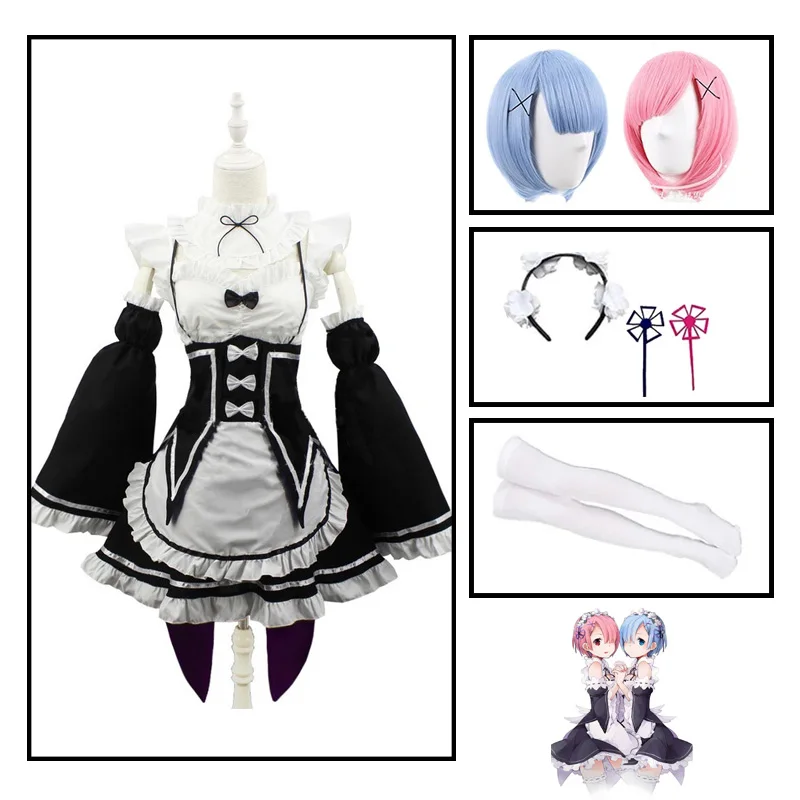 Anime Rem Ram Cosplay Costumes Re:zero Kara Hajimeru Isekai Seikatsu Kawaii Maid Servant Dress Wig Socks Halloween Costume