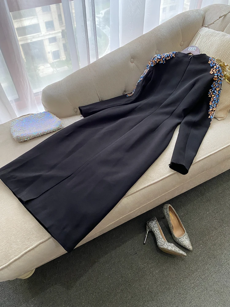 Autumn Winter New Fashion Socialite Heavy Beads Diamond-Embedded Long Sleeve Mid-Length Dress Women\'s Slim Elegant Party Dress