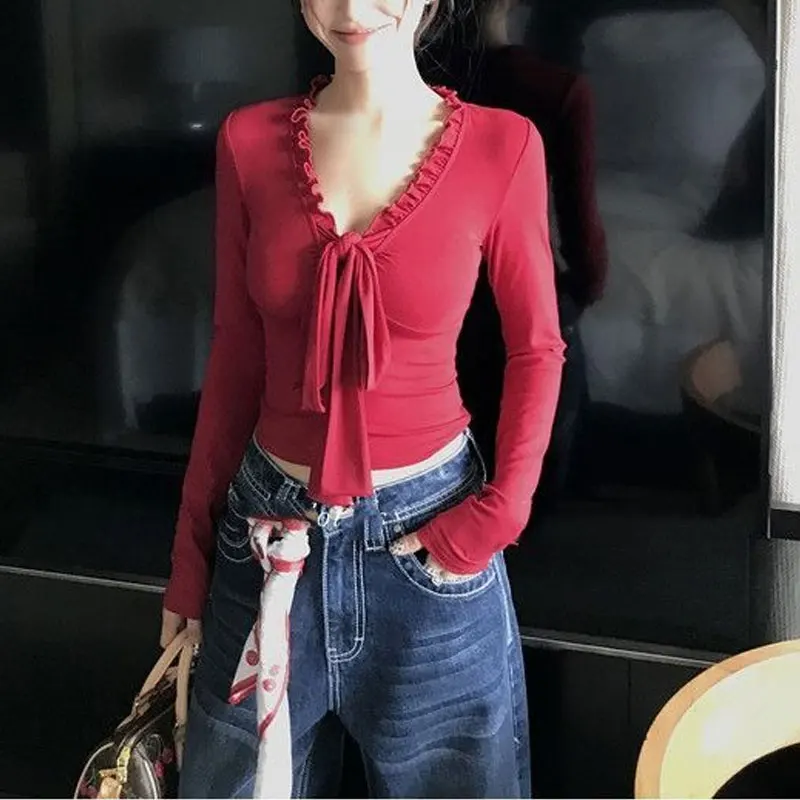 Fashionable V-Neck Drawstring Bow Pullovers Female Clothing Solid Color Autumn Long Sleeve Slim Casual Folds Spliced T-shirts