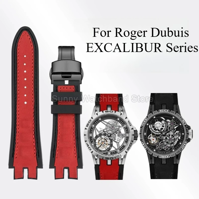 19x28mm preto azul vermelho para roger dubuis excalibur pulseira de relógio de couro genuíno interface especial design de absorção de umidade flexível