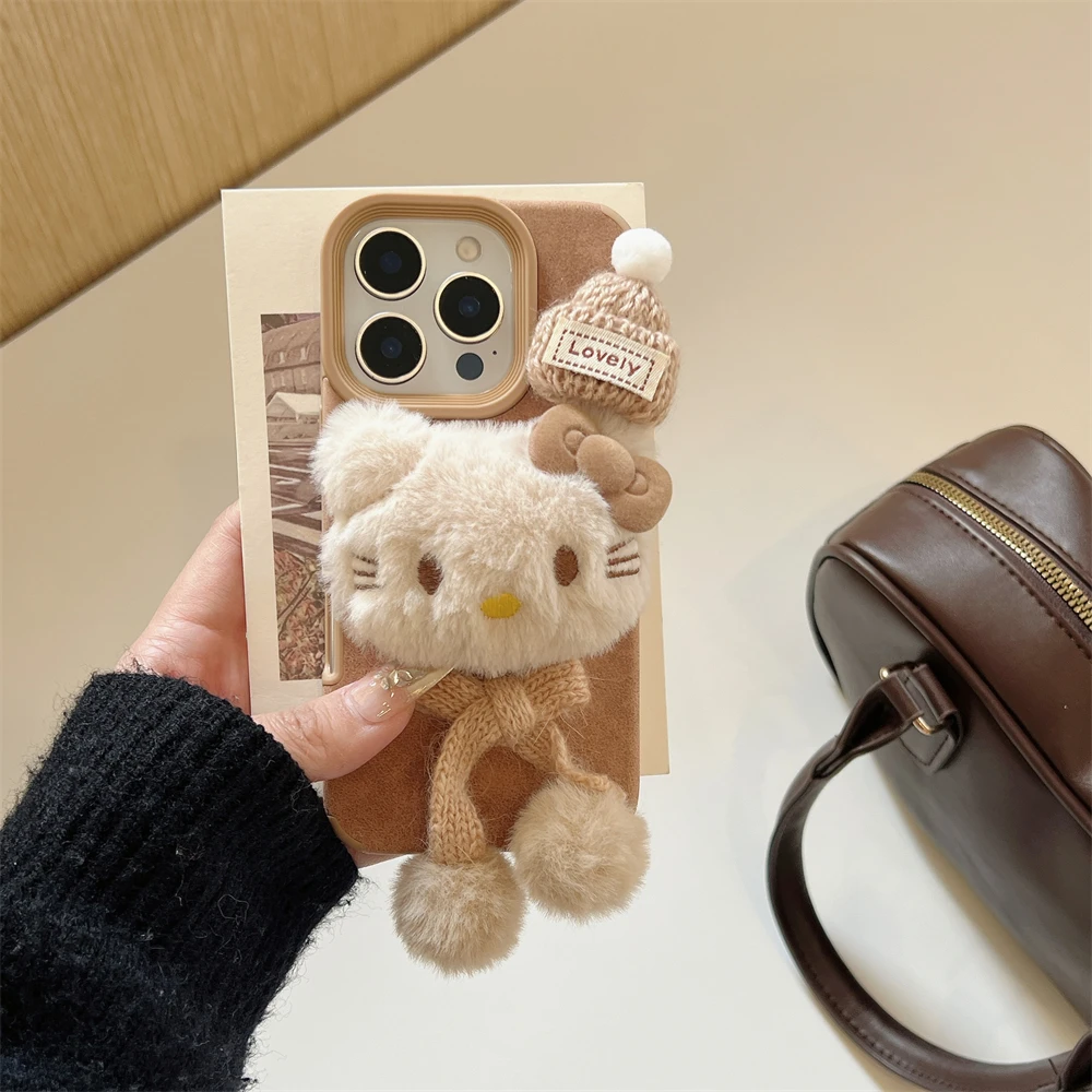 Cartoon Brown Bow Hat 3D Hello Kitty Cute INS Phone Case For iPhone 16 15 14 13 12 11 Pro Max 15 Plus Y2K Color Shockproof Cover