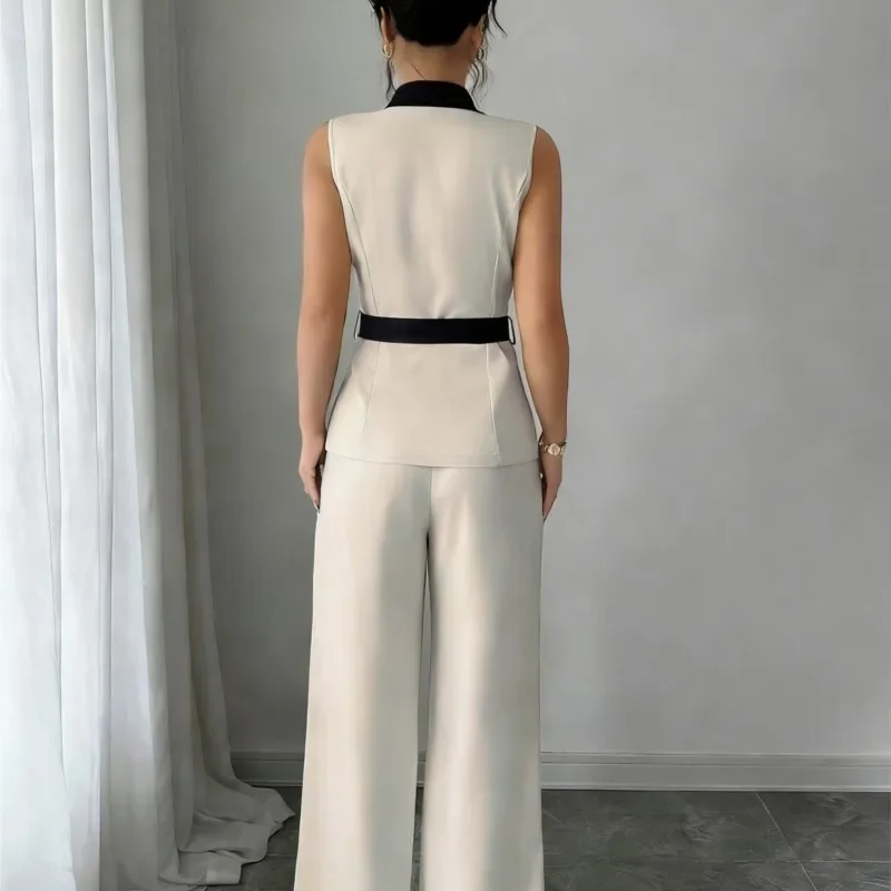 Women's Office Lady Ensemble Outfit Autumn Sleeveless Straight Leg Pants Set Classy Bandeau Elegant Style Top And Vest 2 Set