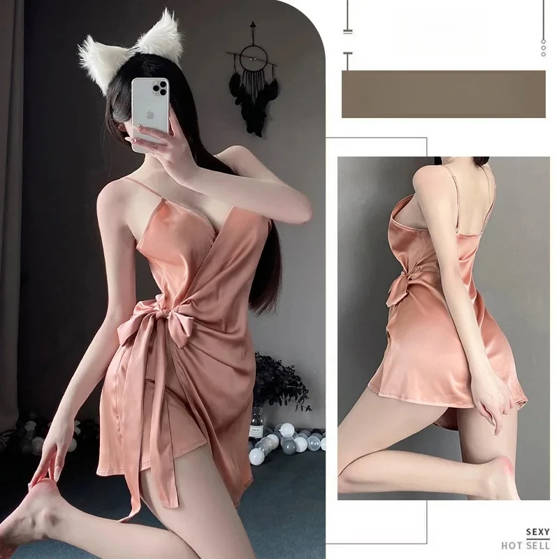 Nouveau tempérament Satin à lacets sangle suspendue Sexy col en v coupe ajustée cravate mince couleur unie à lacets robe de mode asymétrique