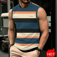 Simple Casual Striped Print sleeveless T-shirt For Men Street Men's tank tops Summer casual vest Clothing Loose Oversized TShirt 2