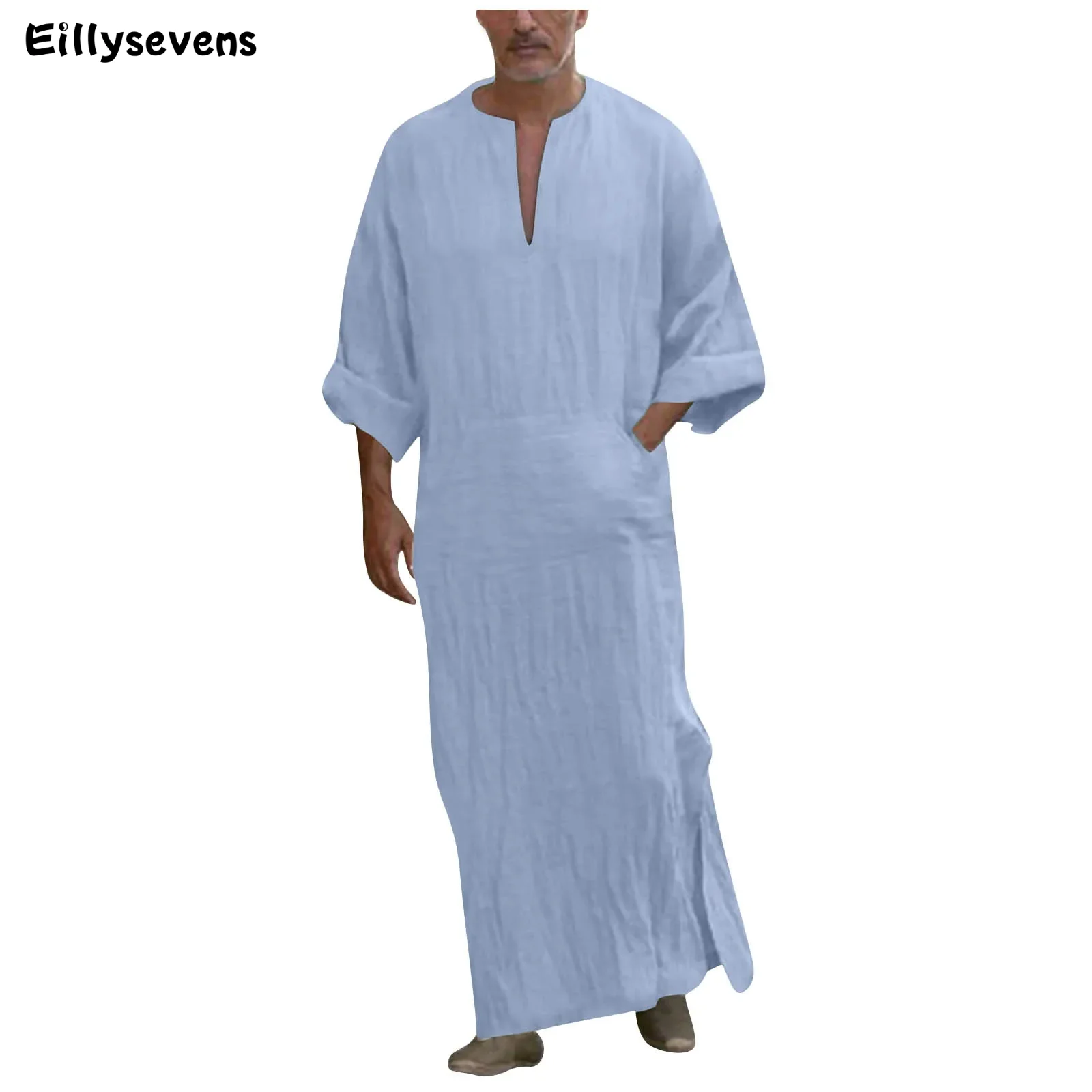 Herren V-Ausschnitt Robe Leinen Kurzarm Kaftan Freizeit hemden für Strand Sommer Männer Kleidung atmungsaktive marok kanis che Kaftan Eid lange Robe