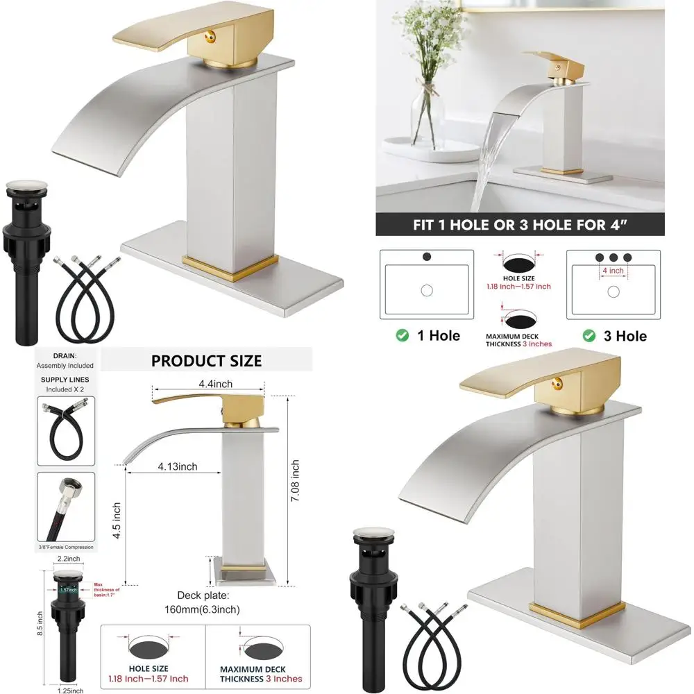Grifo de montaje en cubierta de un solo o 3 orificios de acero inoxidable con boquilla de cascada, drenaje emergente, acabado en oro/níquel cepillado, fregadero RV Compa