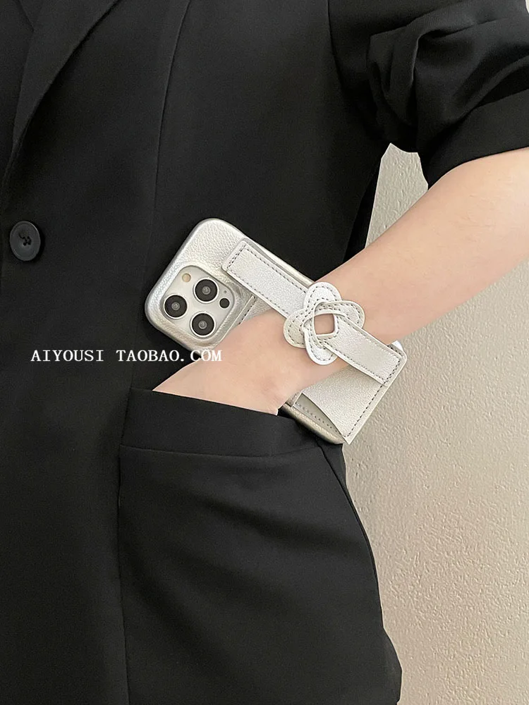 Silver Wristlet Card Case for Apple 14promax Case iphone13promax Wristlet iphone12 Simple Leather 11 Insert Card Case i14/13pro - view 4