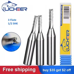 UCHEER TCT 3 flutes Straight Router Bit 6/8/10mm Woodworking CNC Endmills Tools Engraving Bit for Wood MDF Plywood Chipboard