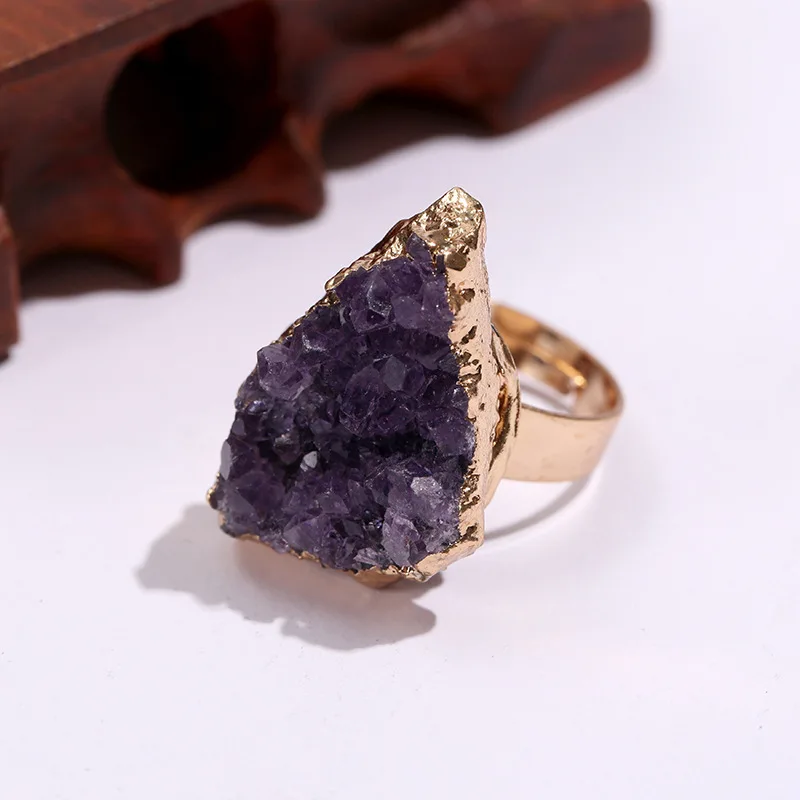 Amethsyts Druzy rough Cluster Freedom Shape Gold color Electroplated Ring Adjustable