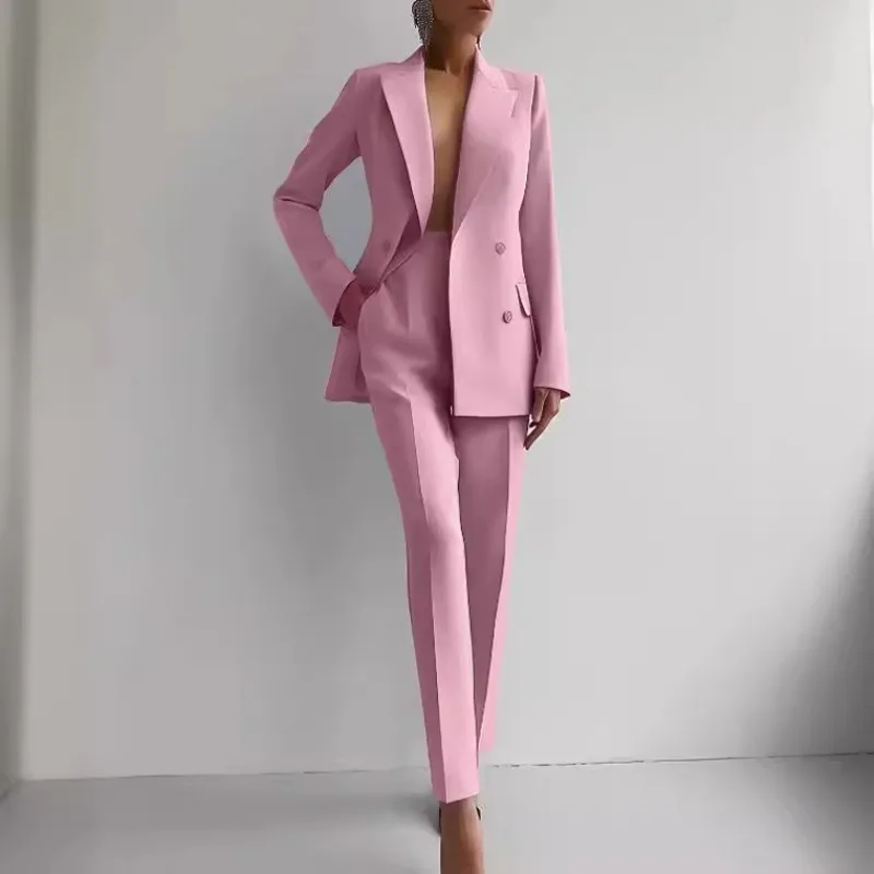 Women's Fashion Matching Sets V Neck Double Breasted Design Blazer Tops+Suit Pant Office Ladies Outfit Elegant 2 Piece Sets
