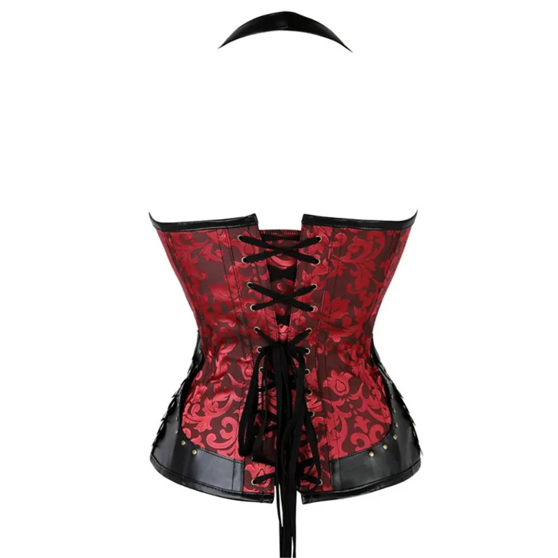 Women Jacquard Sexy Corset with Halter Lace Up Overbust Steampunk Faux Leather Steel Boned Bustier Top Gothic Clothing