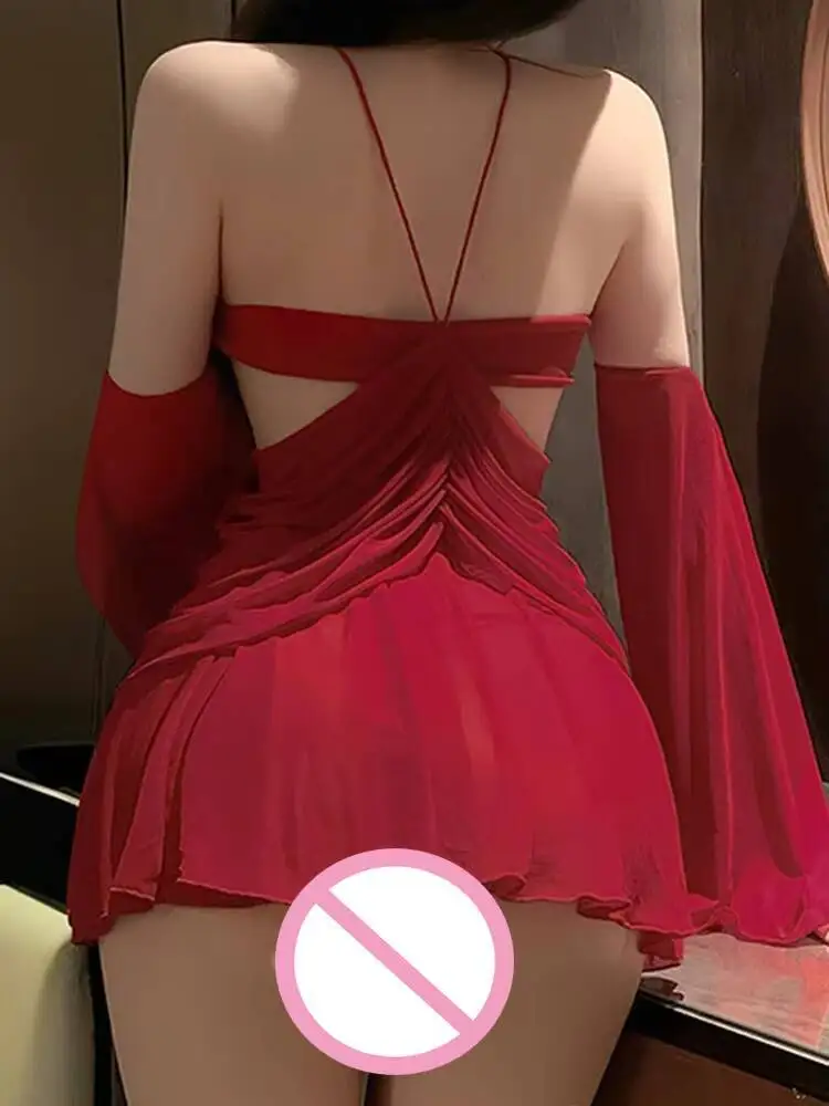 Sexy Lingerie 18+ Red Very Hot Desire Hanging Exposed Chest Perspective Flirtatious Pajama Dating Prono Used For Sexual Activity