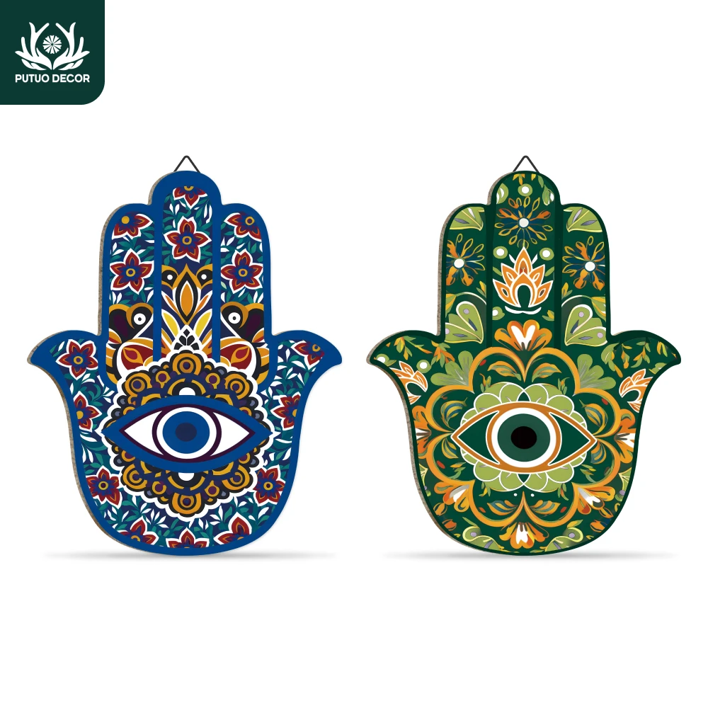 Putuo Decor 2pc Hamsa Shaped Wood Hanging Sign Wall Art Decoration for Home Farmhouse Living Room Cafe Coffee Shop, Gift