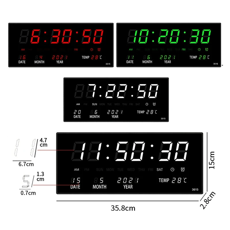 Imagem -05 - Relógio Digital de Parede com Alarme Relógio de Mesa com Led Alarme Chimde Hora em Hora Temperatura Calendário Plugue eu Eletrônico 36x15x2.8cm