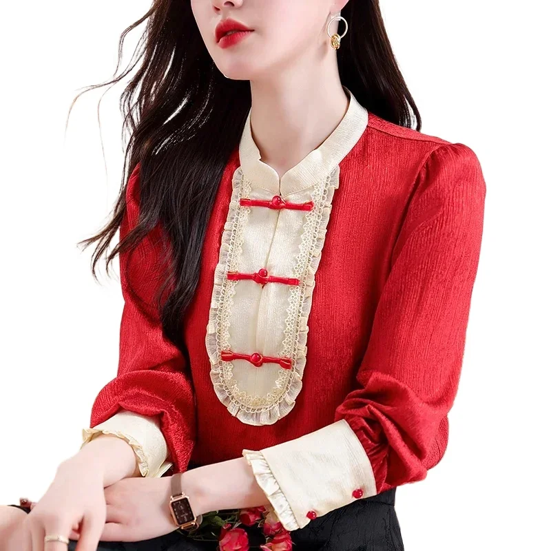 

office lady shirts Women elegant red tops Retro Shirt Women's red blouses