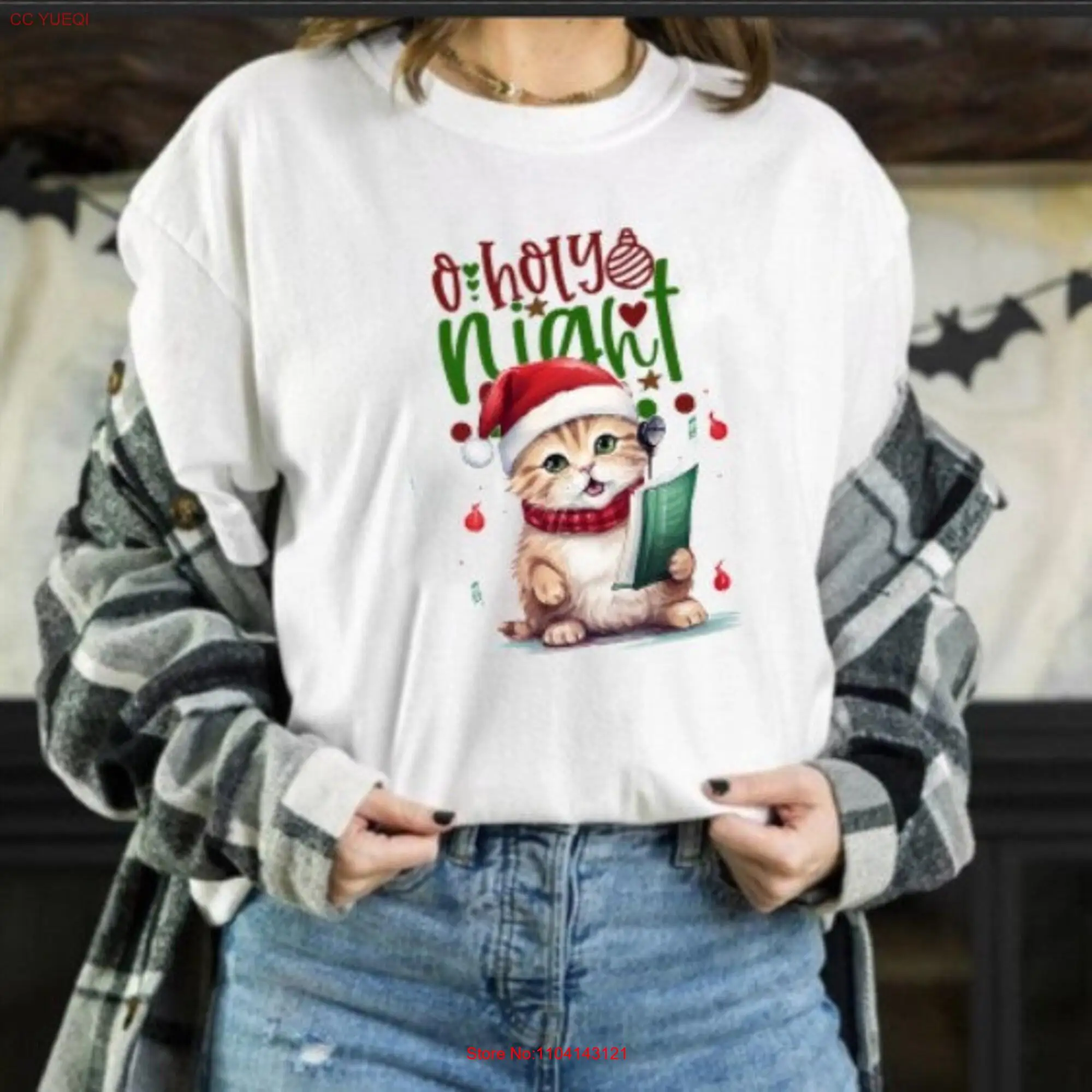 Cute Cat Singing O Holy Night Funny T Shirt Youth And Toddler for Best Christmas long or short sleeves