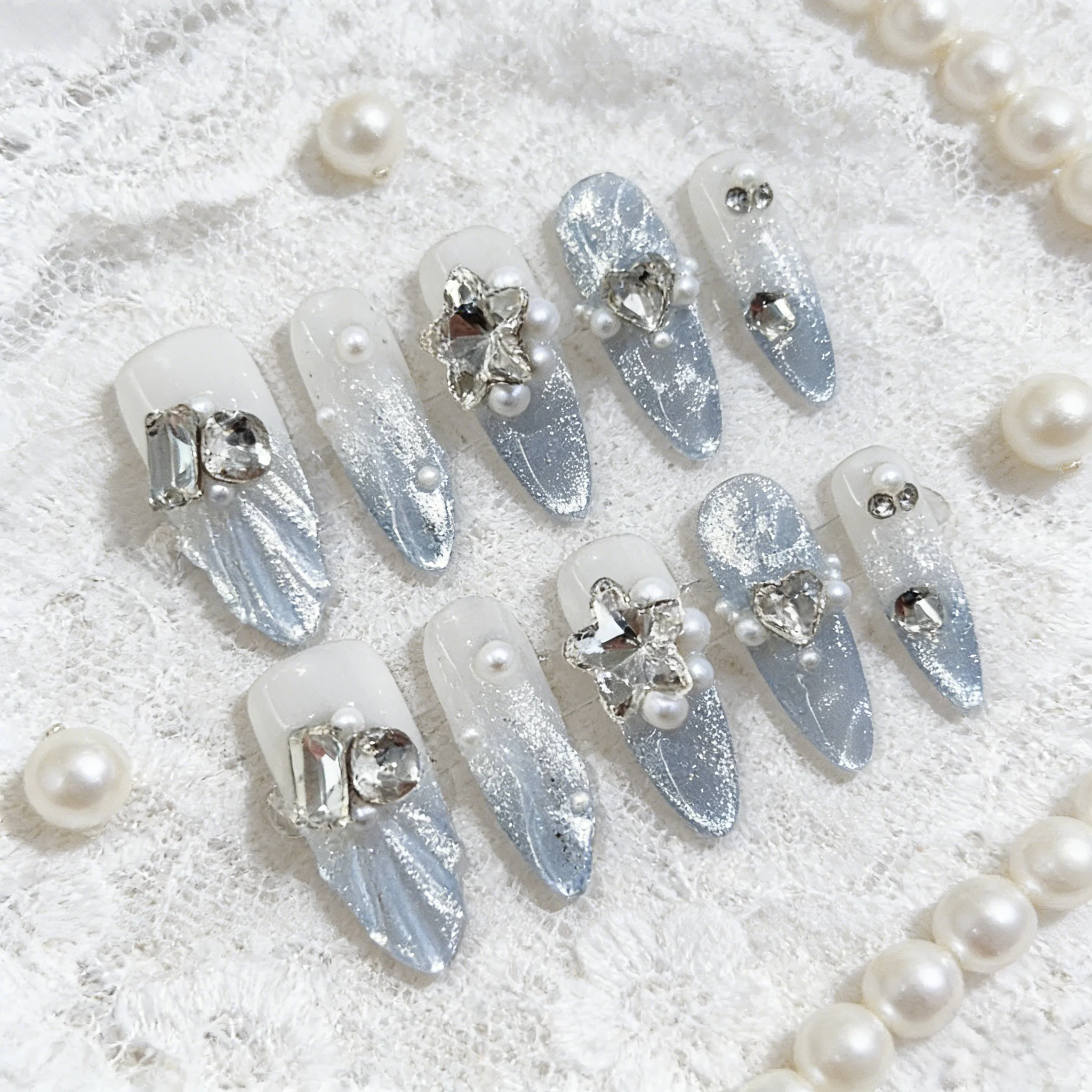 

10pcs Smoky Blue Handmade Nails Fishtail Rhinestone Cat Eye Press on Nail Long Pointed Oval Fake Nail for Women&Girl False Nail