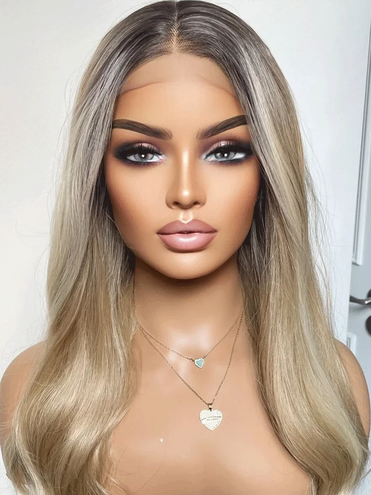 Synthetic Wig Rooted Ash Blonde Heat Friendly With Money Piece/Blonde Wigs For Beginners/ Ready to Ship Wigs For Women Daily Use