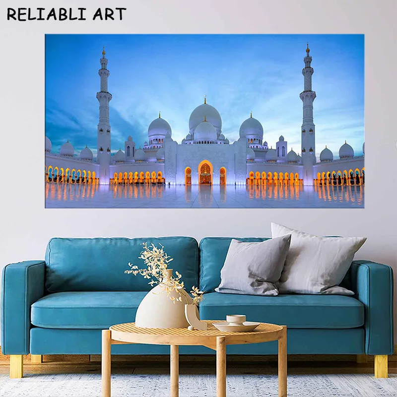 Islam City Mosque Building Landscape Canvas Painting Natural Sky Wall Art Poster and Print For Living Room Home Decor No Frame