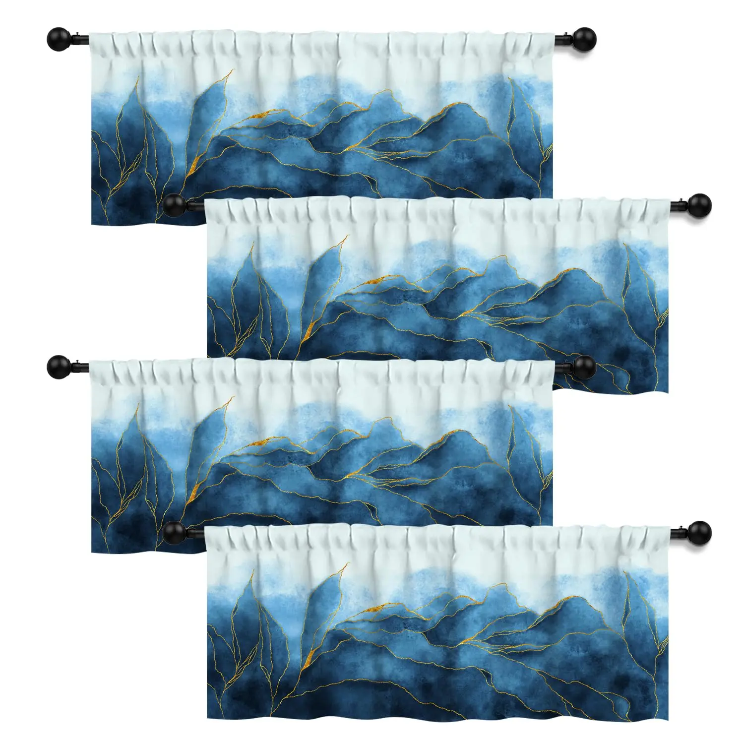 4 Panels Blue Watercolor Marble Valances Window Treatments Curtain Valances for Kitchen Windows/Living Room/Bathroom/Bedroom ﻿