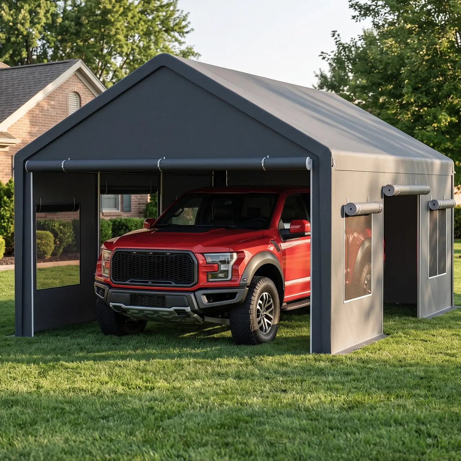 12x20 FT Heavy Duty Carport, Portable Garage Car Ports | with Roll-Up Windows Door Removable Side Walls, Waterproof