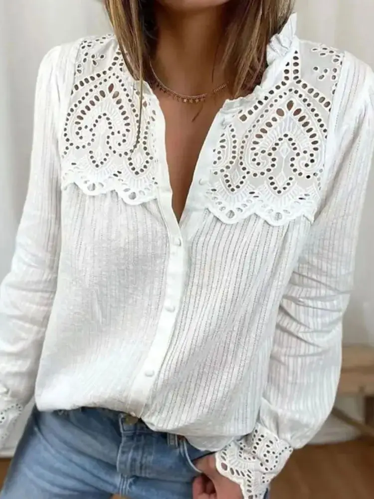 Women's Pure Color Lace Patchwork Striped irt Loose Fit Long Sve V-Ne Regular Length Summer Faion Ladies' irt