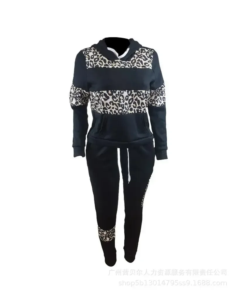 2024 Leopard Print Long Sleeve Hoodie & Pants Set Women Autumn Winter Sweartshirts High Waist Sweatpants