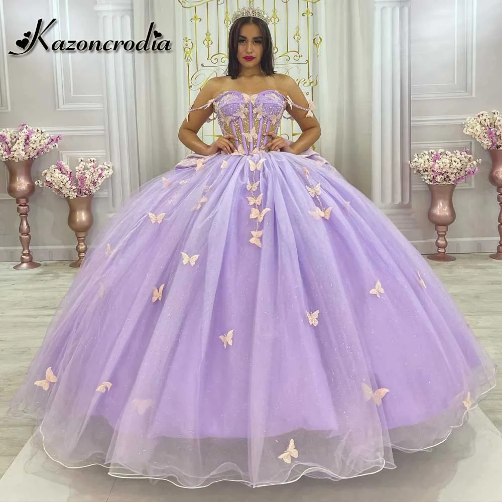 Kazon Attractive Tulle Quinceanera Off The Shoulder Appliques Cathedral Train Rhinestones Dresses Vestidos De 15 Customized