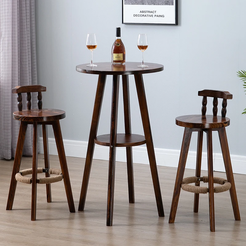 Mesa de bar de madera americana, mesa redonda alta retro, escritorio de madera frontal de ocio