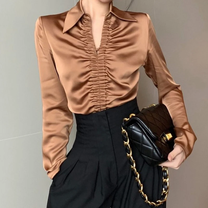 Women French Style Vintage Satin Luxury Designer Shirts Spring Autumn Fashion Elegant Blouse V Neck Long Sleeve Tops Chic Blusas