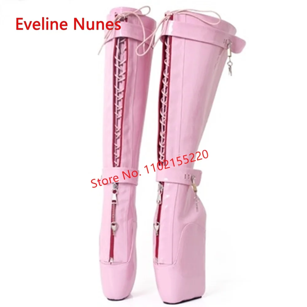 Pink Lock ballerine stivali da donna nuovo arrivo piattaforma punta tonda Hoof Heel Cosplay scarpe Sexy in pelle verniciata per calzature