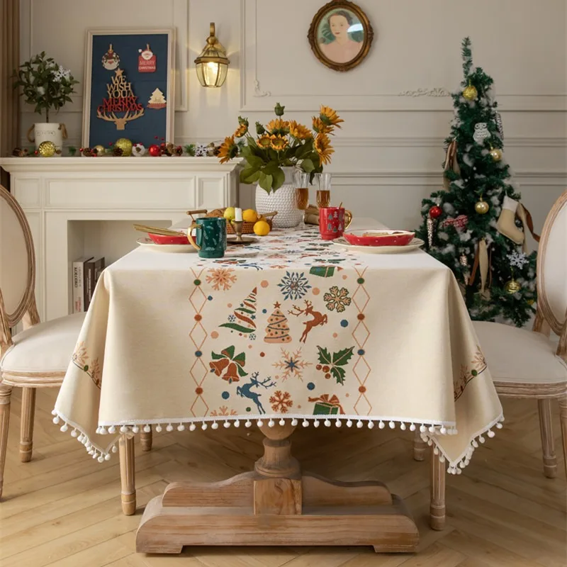 New Christmas Decoration Woven Jacquard White Ball Tablecloth Dust-Proof Table Cover,For Dinning Tea Table Tabletop Decoration