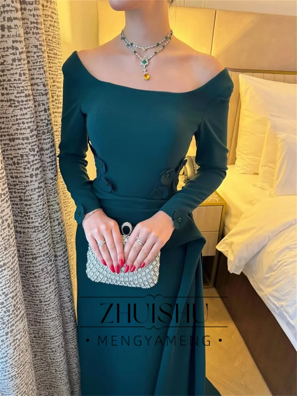 ZHUISHU Elegant Green Flowers Sheath Evening Dress 2026 Long Sleeves Off The Shoulder  Prom Dress Formal Party Gowns Customized view 4