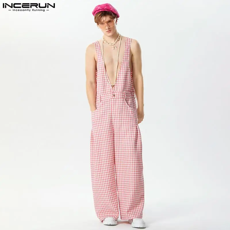 

INCERUN 2024 American Style Bodysuits Handsome New Men Checkered Texture Jumpsuits Casual Streetwear Male Shoulder Rompers S-5XL