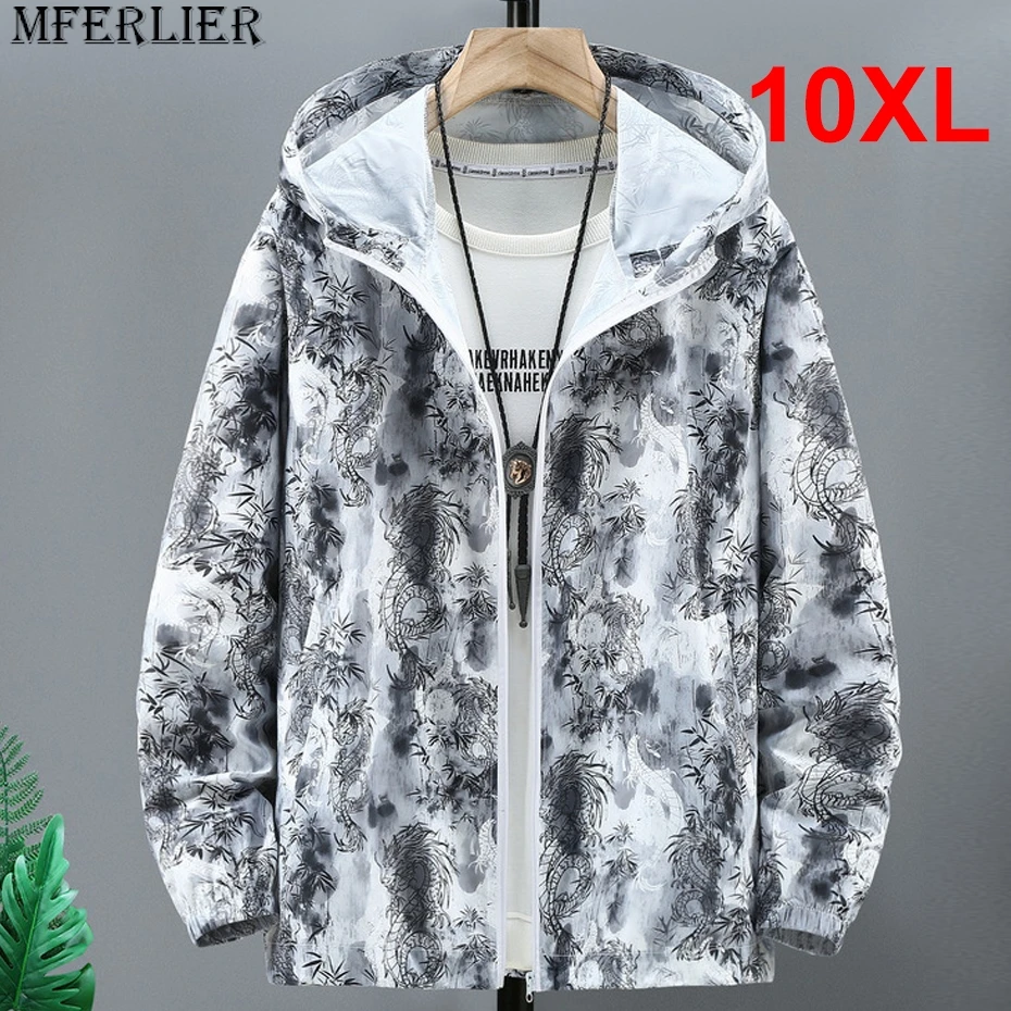 

2024 Summer Thin Jacket Men Sun-protective Jackets Plus Size 10XL Fashion Casual Dragon Print Hooded Coats Thin Clothes